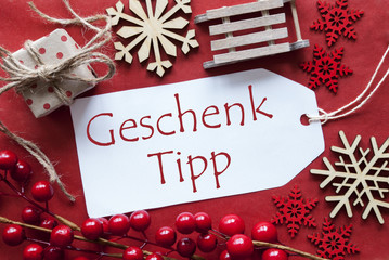 Fototapeta na wymiar Label With Christmas Decoration, Geschenk Tipp Means Gift Tip