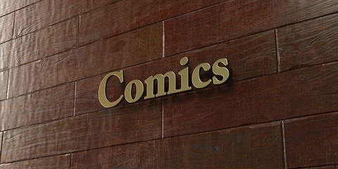 Comics - Bronze plaque mounted on maple wood wall  - 3D rendered royalty free stock picture. This image can be used for an online website banner ad or a print postcard.