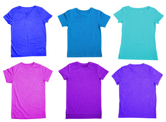 Collection of colorful t-shirts on white background