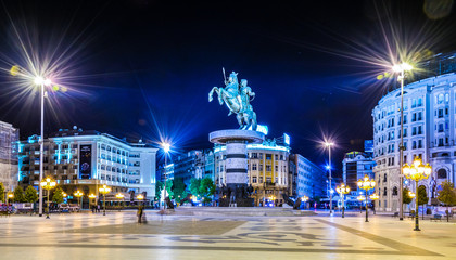 Night view of the macedonia square dominated by statue of alexander the great in skopje.