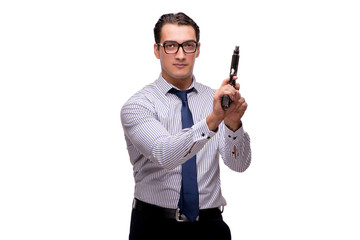 Young businessman with gun isolated on white