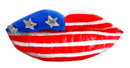 Female lips with creative USA flag makeup on white background