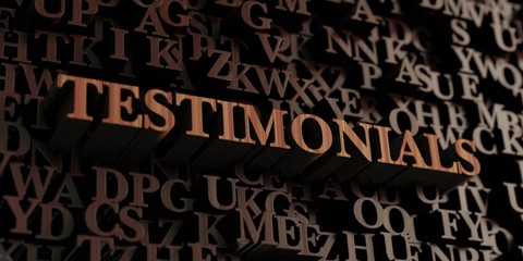 Testimonials - Wooden 3D rendered letters/message.  Can be used for an online banner ad or a print postcard.