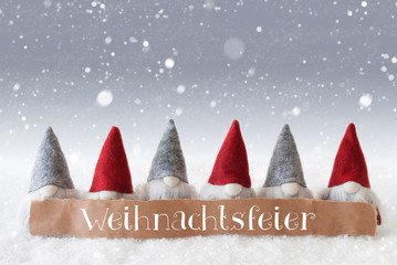 Gnomes, Silver Background, Snowflakes, Weihnachtsfeier Means Christmas Party
