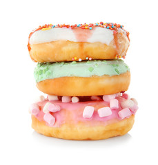 Pile of colourful delicious doughnuts isolated on white