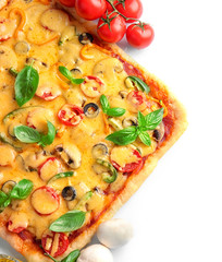 Delicious pizza with ingredients on white background