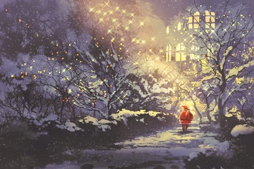 Tuinposter Santa Claus in snowy winter alley in the park with christmas lights on trees,illustration painting © grandfailure