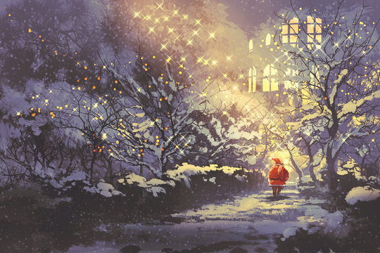 Santa Claus in snowy winter alley in the park with christmas lights on trees,illustration painting