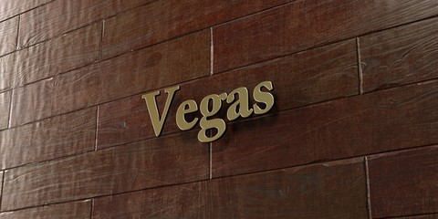 Vegas - Bronze plaque mounted on maple wood wall  - 3D rendered royalty free stock picture. This image can be used for an online website banner ad or a print postcard.