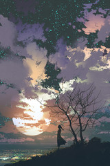 Obraz premium woman standing on top of a mountain against a beautiful sky with big moon,illustration painting