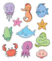Naklejka premium Set of colored cartoon sea life or marine icons