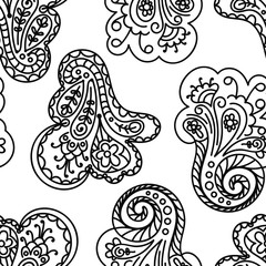 Doodle abstract black and white seamless pattern. Hand drawn thin line paisley background with flowers, floral elements. Vector illustration.