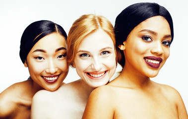 three different nation woman: asian, african-american, caucasian together isolated on white background happy smiling, diverse type on skin, lifestyle people concept