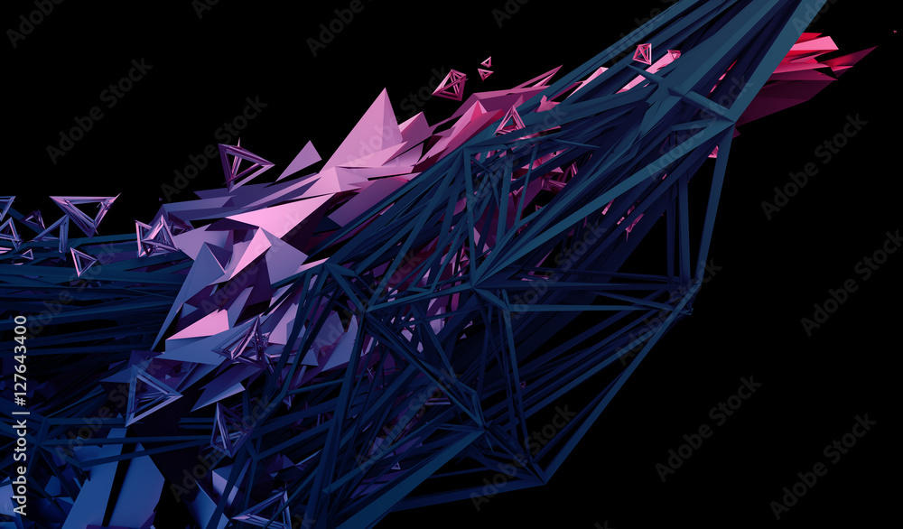 Poster Abstract 3d rendering of chaotic plexus surface. Contemporary background with futuristic polygonal shape. Distorted low poly object with sharp lines.