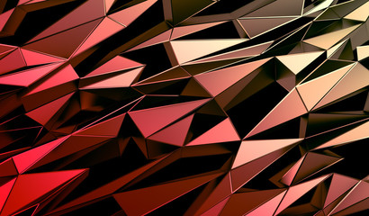 Abstract 3d rendering of triangulated surface. Contemporary background of futuristic polygonal shape. Distorted low poly backdrop with sharp lines.