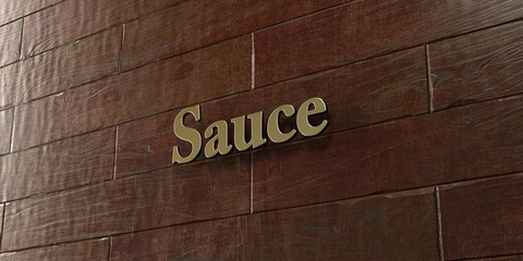 Sauce - Bronze plaque mounted on maple wood wall  - 3D rendered royalty free stock picture. This image can be used for an online website banner ad or a print postcard.