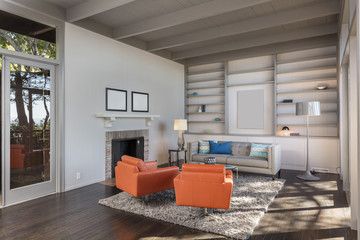 Beautiful and large living room interior with hardwood floors and designer furniture.