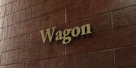Wagon - Bronze plaque mounted on maple wood wall  - 3D rendered royalty free stock picture. This image can be used for an online website banner ad or a print postcard.