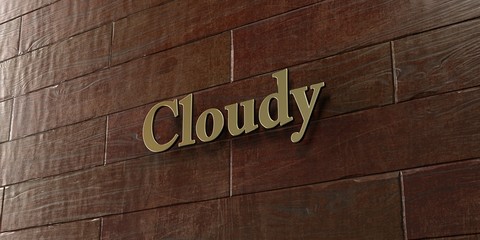 Cloudy - Bronze plaque mounted on maple wood wall  - 3D rendered royalty free stock picture. This image can be used for an online website banner ad or a print postcard.