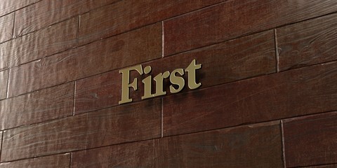 First - Bronze plaque mounted on maple wood wall  - 3D rendered royalty free stock picture. This image can be used for an online website banner ad or a print postcard.