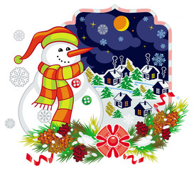 Holiday label with happy snowman in funny hat and scarf.