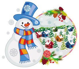 Holiday label with happy snowman in funny hat and scarf. 