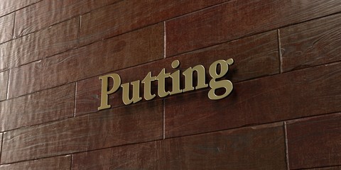 Putting - Bronze plaque mounted on maple wood wall  - 3D rendered royalty free stock picture. This image can be used for an online website banner ad or a print postcard.