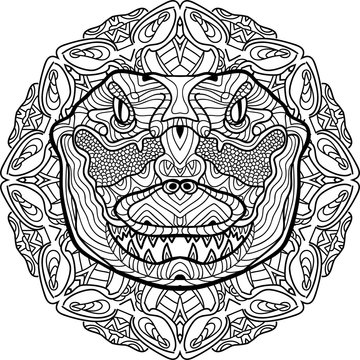 Hand-drawn figure of a crocodile on the background tribal mandala patterns. Line art design. Coloring book for adults. Zendoodle. Coloring antistress. Element for your design.