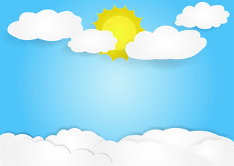 cloud with sky background, vector, copy space for text, illustration, paper art and origami style, children book cover