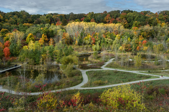 Autumn parkland with pathways and fall colors, seen from above