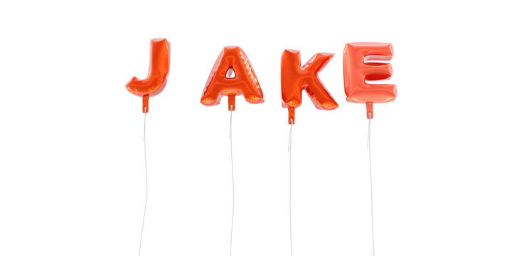 JAKE - word made from red foil balloons - 3D rendered.  Can be used for an online banner ad or a print postcard.