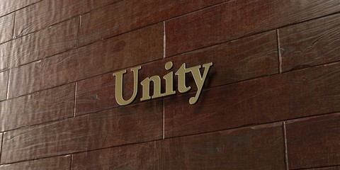 Unity - Bronze plaque mounted on maple wood wall  - 3D rendered royalty free stock picture. This image can be used for an online website banner ad or a print postcard.