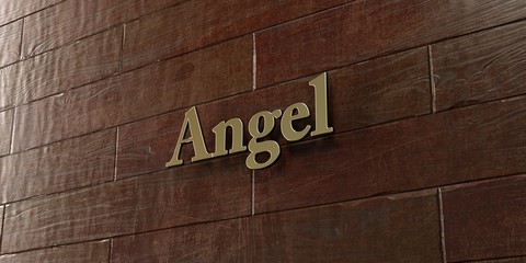 Angel - Bronze plaque mounted on maple wood wall  - 3D rendered royalty free stock picture. This image can be used for an online website banner ad or a print postcard.