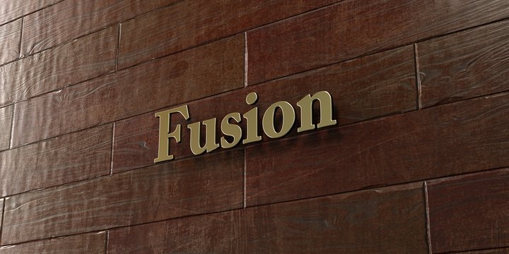 Fusion - Bronze plaque mounted on maple wood wall  - 3D rendered royalty free stock picture. This image can be used for an online website banner ad or a print postcard.