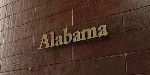 Alabama - Bronze plaque mounted on maple wood wall  - 3D rendered royalty free stock picture. This image can be used for an online website banner ad or a print postcard.