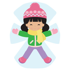 Winter girl snow angel vector cartoon illustration