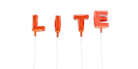 LITE - word made from red foil balloons - 3D rendered.  Can be used for an online banner ad or a print postcard.