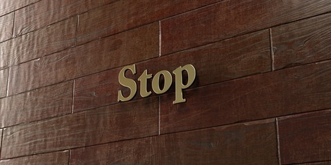 Stop - Bronze plaque mounted on maple wood wall  - 3D rendered royalty free stock picture. This image can be used for an online website banner ad or a print postcard.