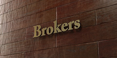 Brokers - Bronze plaque mounted on maple wood wall  - 3D rendered royalty free stock picture. This image can be used for an online website banner ad or a print postcard.