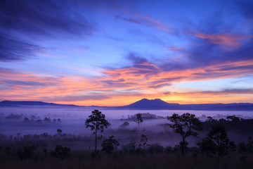 Misty morning sunrise at Thung Salang Luang National Park Phetch