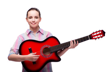 Fototapeta premium Young woman with guitar isolated on white
