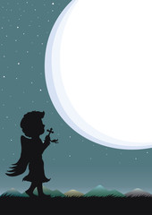 Night sky and starry with speech bubble or moonlight. Silhouette of angel praying at night.
Cartoon drawing for astrology design.