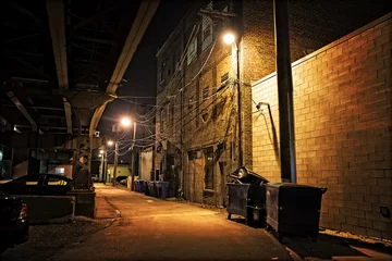 Door stickers Narrow Alley Dark City Alley at Night