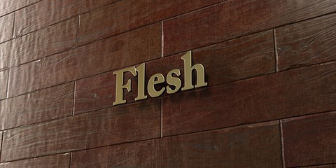 Flesh - Bronze plaque mounted on maple wood wall  - 3D rendered royalty free stock picture. This image can be used for an online website banner ad or a print postcard.