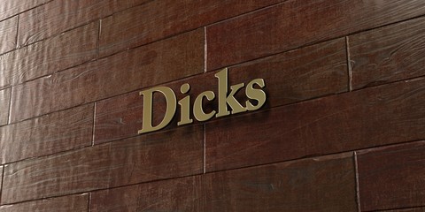 Dicks - Bronze plaque mounted on maple wood wall  - 3D rendered royalty free stock picture. This image can be used for an online website banner ad or a print postcard.