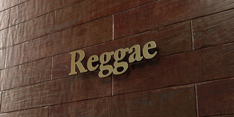 Reggae - Bronze plaque mounted on maple wood wall  - 3D rendered royalty free stock picture. This image can be used for an online website banner ad or a print postcard.