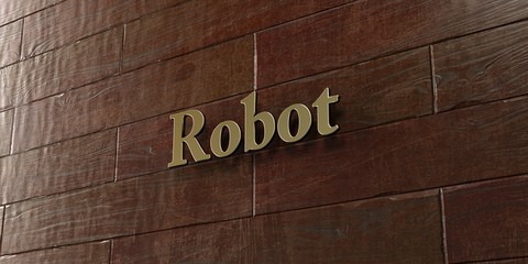 Robot - Bronze plaque mounted on maple wood wall  - 3D rendered royalty free stock picture. This image can be used for an online website banner ad or a print postcard.