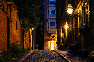 Acorn Street at night, in Beacon Hill, Boston, Massachusetts.