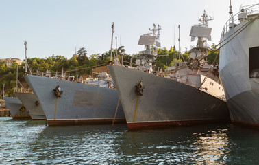 Black Sea Fleet warships are on the quay of the Sevastopol Bay.