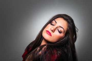 Portrait of Gorgeous Young Woman with Closed Eyes, Profile On Gr